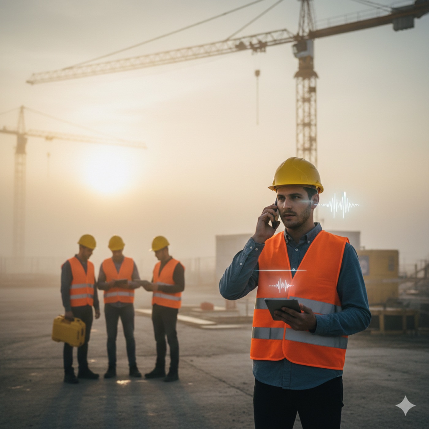 Bauteam auf der Baustelle im Morgenlicht